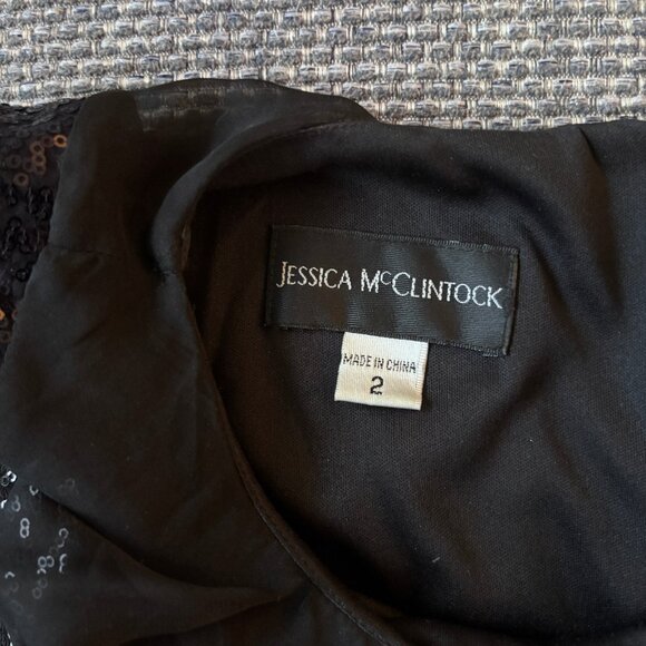 Jessica McClintock Black Sequin Blouson Top/Fitted Skirt Cocktail Dress | Sz 2 - Picture 3 of 9